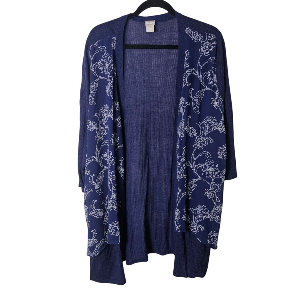 Chico's XL Blue Long Open Front Cardigan Topper Floral Rayon Blend Sheer Capsule